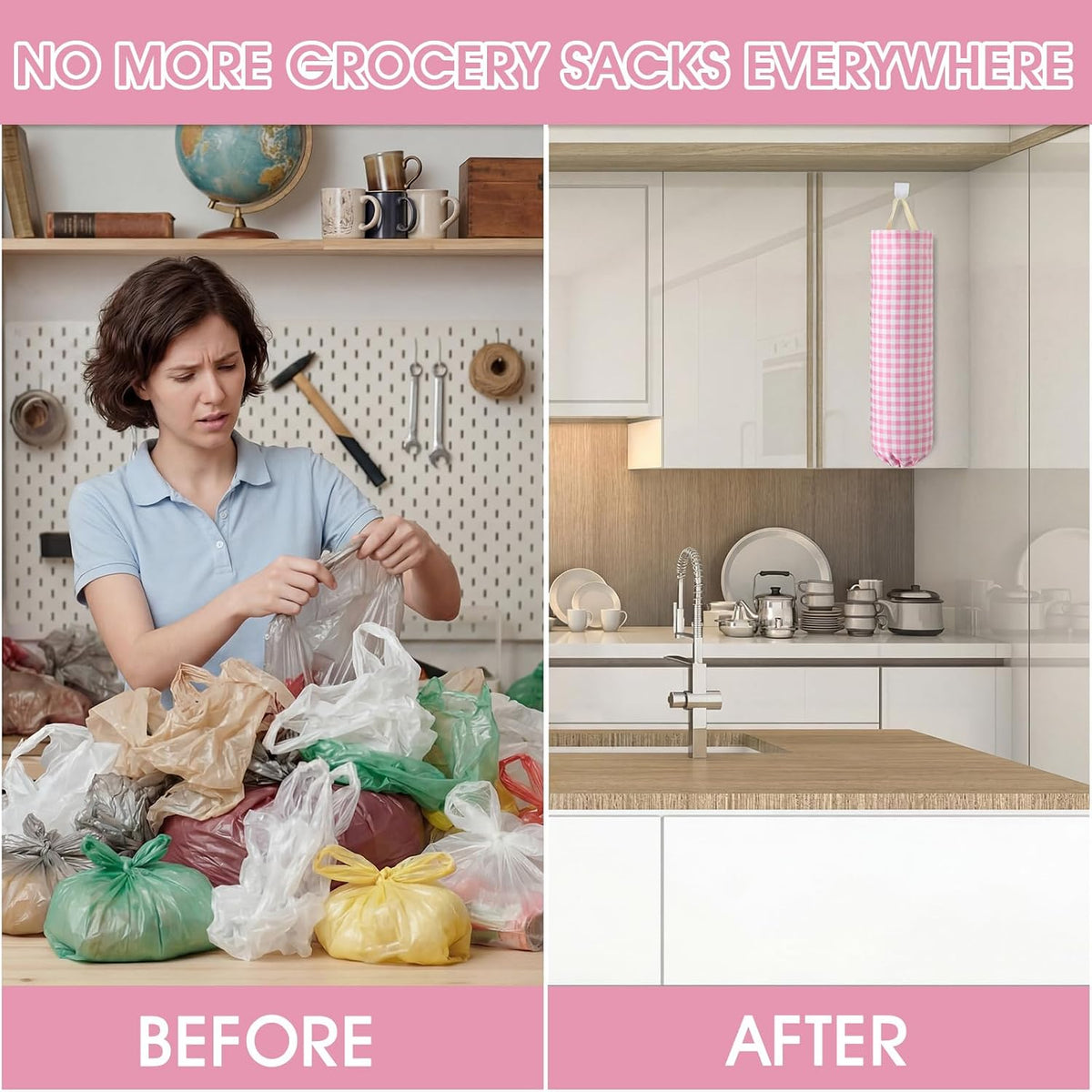 Gingham Plastic Bag Holder, Wall Mount Grocery Bag Storage Organizer, Hanging Buffalo Check Plaid Trash Bags Dispenser for Farmhouse Home Kitchen Pantry Laundry Room Decor(Milkshake Tan)