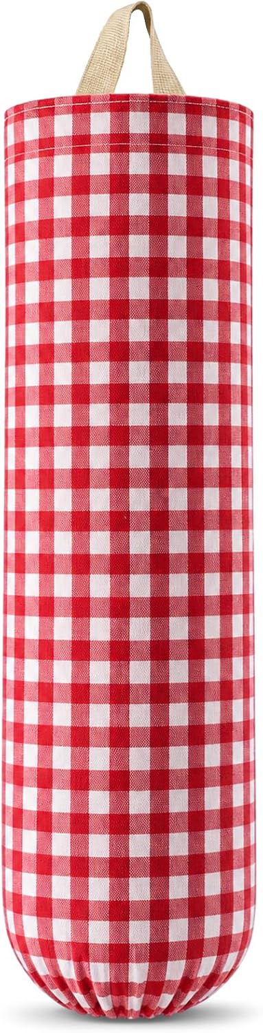 Gingham Plastic Bag Holder, Wall Mount Grocery Bag Storage Organizer, Hanging Buffalo Check Plaid Trash Bags Dispenser for Farmhouse Home Kitchen Pantry Laundry Room Decor(Milkshake Tan)