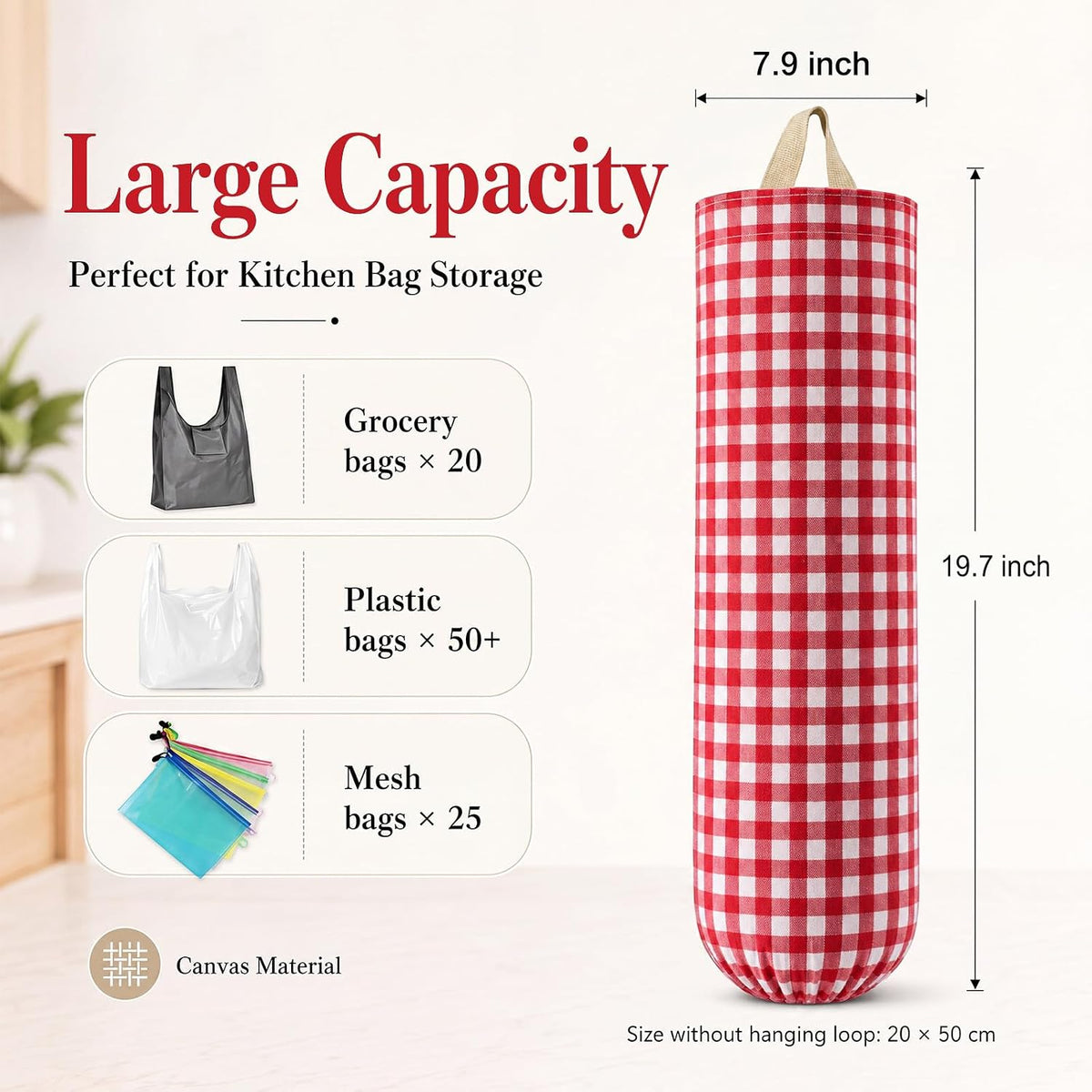 Gingham Plastic Bag Holder, Wall Mount Grocery Bag Storage Organizer, Hanging Buffalo Check Plaid Trash Bags Dispenser for Farmhouse Home Kitchen Pantry Laundry Room Decor(Milkshake Tan)