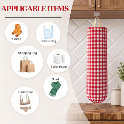Gingham Plastic Bag Holder, Wall Mount Grocery Bag Storage Organizer, Hanging Buffalo Check Plaid Trash Bags Dispenser for Farmhouse Home Kitchen Pantry Laundry Room Decor(Milkshake Tan)