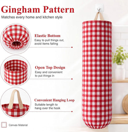 Gingham Plastic Bag Holder, Wall Mount Grocery Bag Storage Organizer, Hanging Buffalo Check Plaid Trash Bags Dispenser for Farmhouse Home Kitchen Pantry Laundry Room Decor(Milkshake Tan)