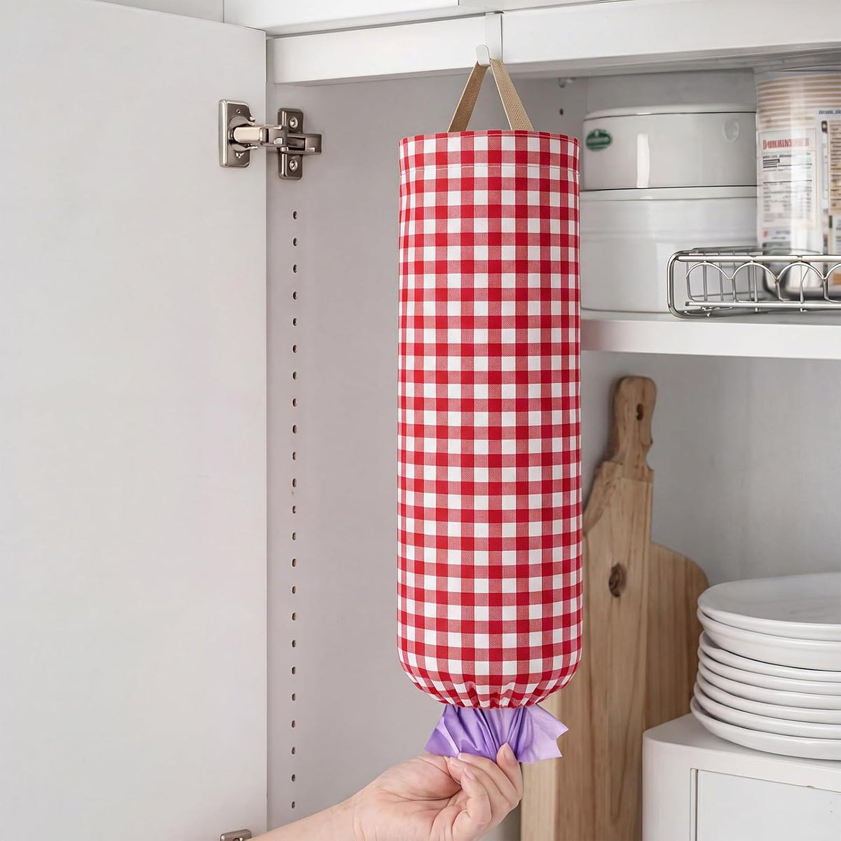 Gingham Plastic Bag Holder, Wall Mount Grocery Bag Storage Organizer, Hanging Buffalo Check Plaid Trash Bags Dispenser for Farmhouse Home Kitchen Pantry Laundry Room Decor(Milkshake Tan)