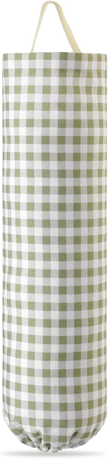 Gingham Plastic Bag Holder, Wall Mount Grocery Bag Storage Organizer, Hanging Buffalo Check Plaid Trash Bags Dispenser for Farmhouse Home Kitchen Pantry Laundry Room Decor(Milkshake Tan)