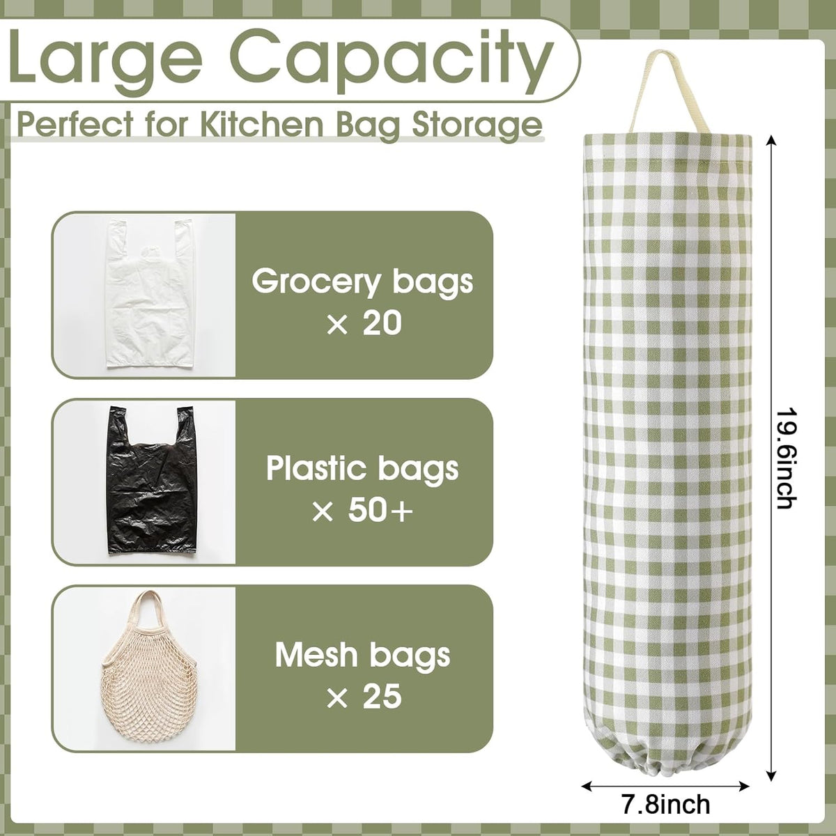 Gingham Plastic Bag Holder, Wall Mount Grocery Bag Storage Organizer, Hanging Buffalo Check Plaid Trash Bags Dispenser for Farmhouse Home Kitchen Pantry Laundry Room Decor(Milkshake Tan)