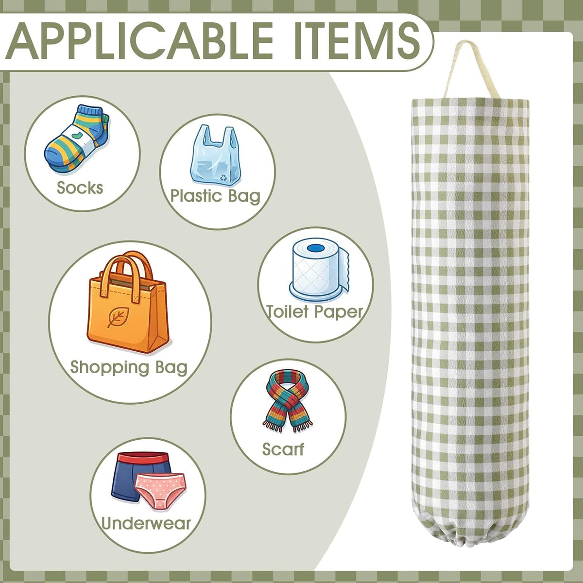 Gingham Plastic Bag Holder, Wall Mount Grocery Bag Storage Organizer, Hanging Buffalo Check Plaid Trash Bags Dispenser for Farmhouse Home Kitchen Pantry Laundry Room Decor(Milkshake Tan)