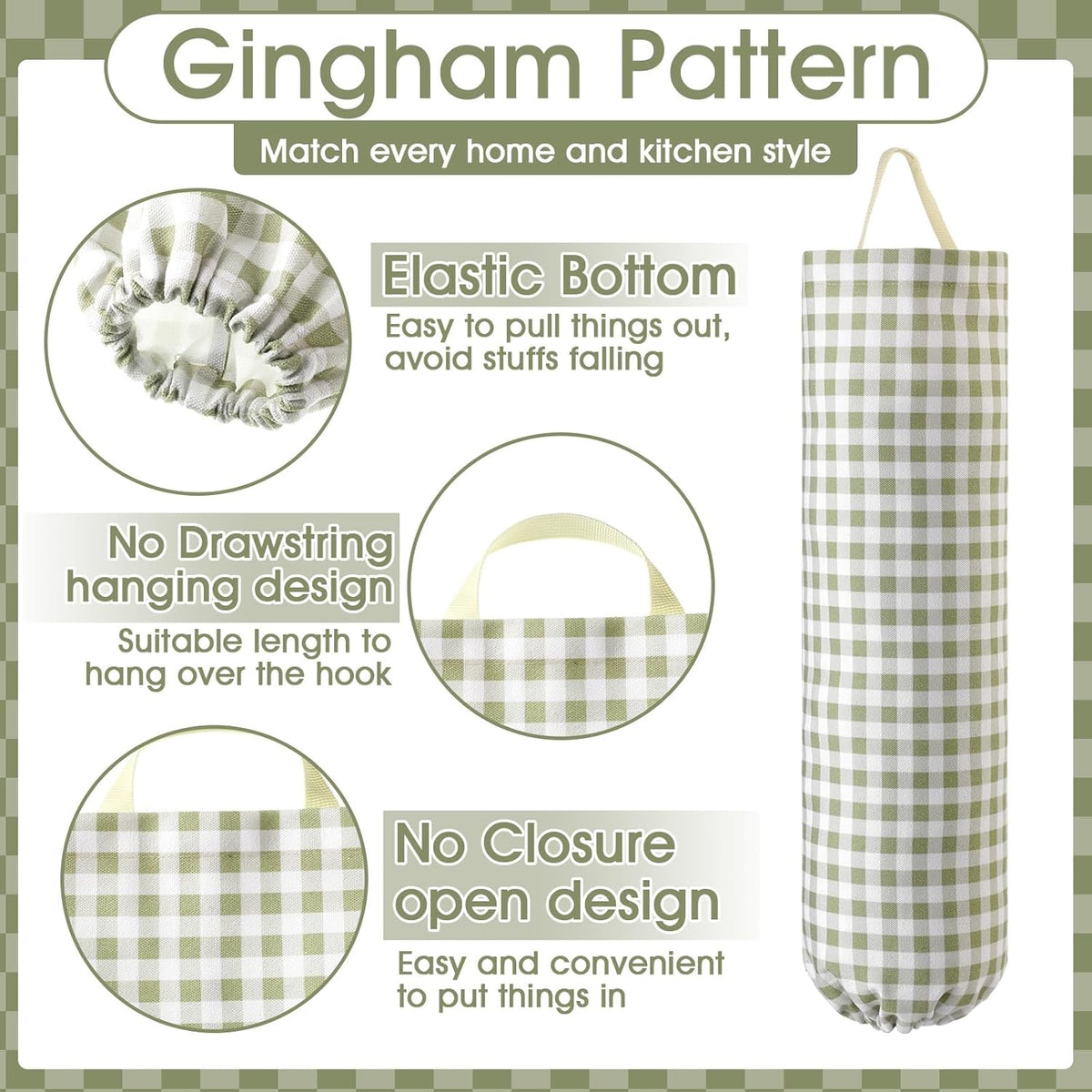 Gingham Plastic Bag Holder, Wall Mount Grocery Bag Storage Organizer, Hanging Buffalo Check Plaid Trash Bags Dispenser for Farmhouse Home Kitchen Pantry Laundry Room Decor(Milkshake Tan)