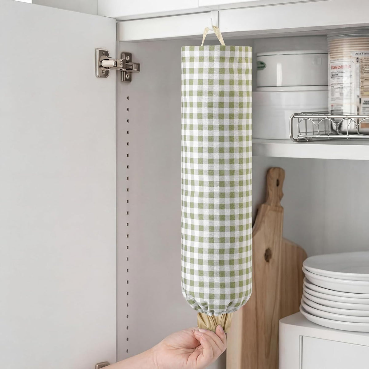 Gingham Plastic Bag Holder, Wall Mount Grocery Bag Storage Organizer, Hanging Buffalo Check Plaid Trash Bags Dispenser for Farmhouse Home Kitchen Pantry Laundry Room Decor(Milkshake Tan)