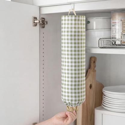 Gingham Plastic Bag Holder, Wall Mount Grocery Bag Storage Organizer, Hanging Buffalo Check Plaid Trash Bags Dispenser for Farmhouse Home Kitchen Pantry Laundry Room Decor(Milkshake Tan)