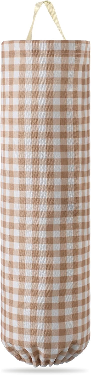 Gingham Plastic Bag Holder, Wall Mount Grocery Bag Storage Organizer, Hanging Buffalo Check Plaid Trash Bags Dispenser for Farmhouse Home Kitchen Pantry Laundry Room Decor(Milkshake Tan)