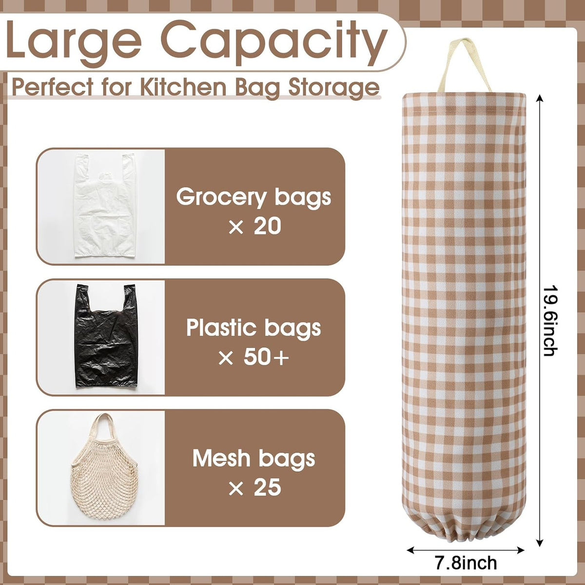 Gingham Plastic Bag Holder, Wall Mount Grocery Bag Storage Organizer, Hanging Buffalo Check Plaid Trash Bags Dispenser for Farmhouse Home Kitchen Pantry Laundry Room Decor(Milkshake Tan)
