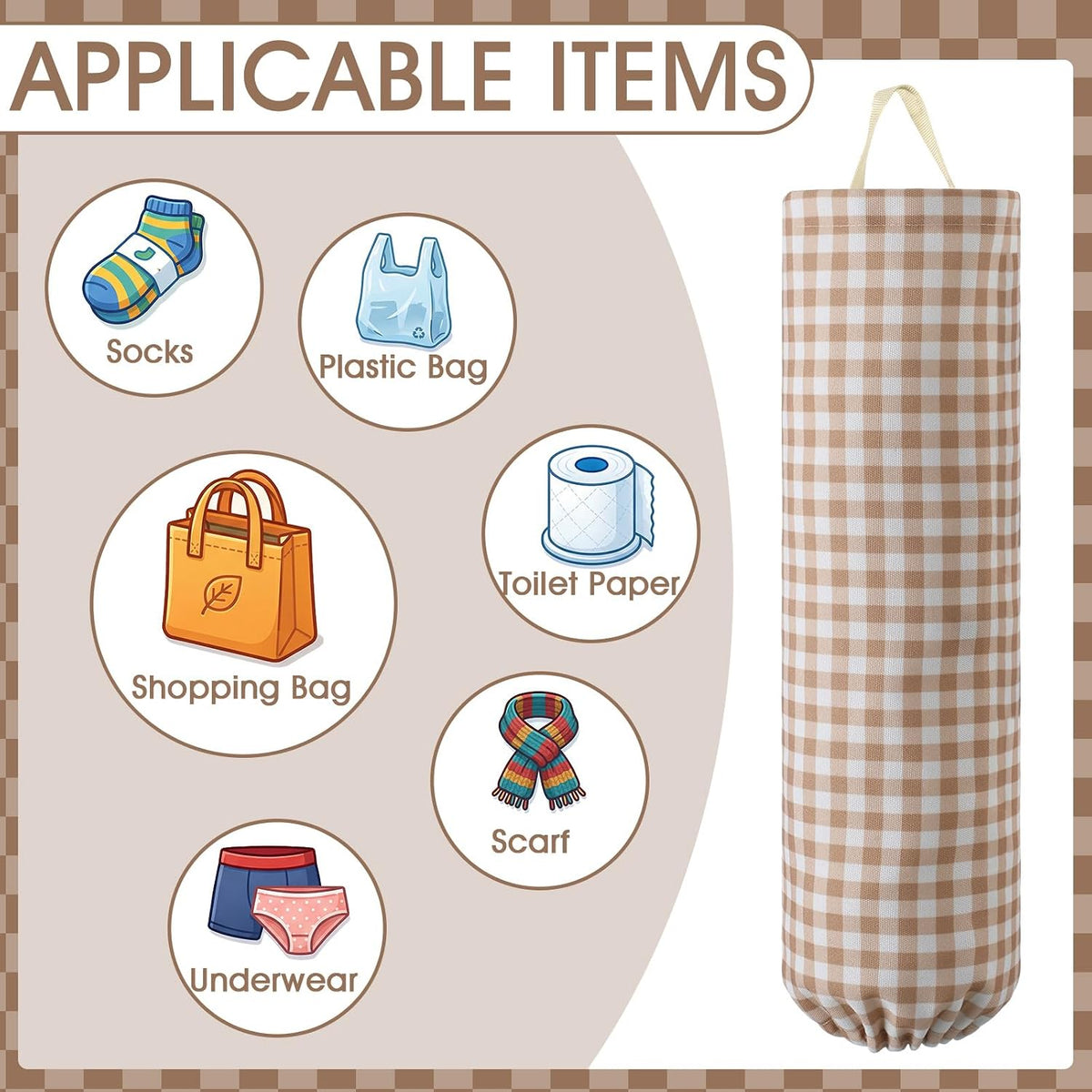 Gingham Plastic Bag Holder, Wall Mount Grocery Bag Storage Organizer, Hanging Buffalo Check Plaid Trash Bags Dispenser for Farmhouse Home Kitchen Pantry Laundry Room Decor(Milkshake Tan)