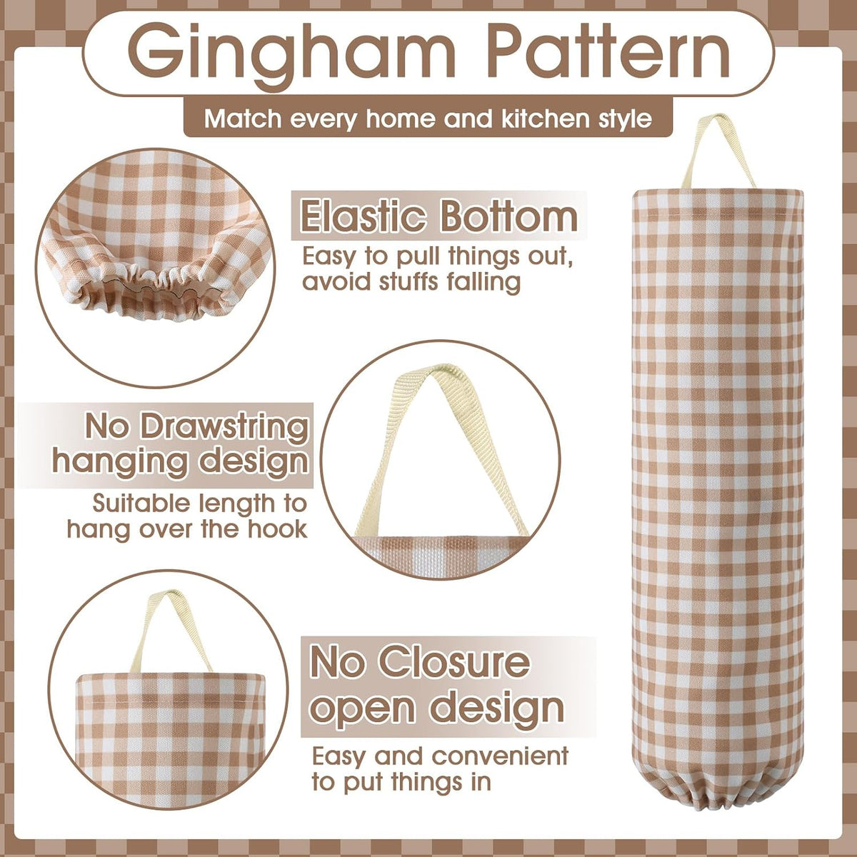 Gingham Plastic Bag Holder, Wall Mount Grocery Bag Storage Organizer, Hanging Buffalo Check Plaid Trash Bags Dispenser for Farmhouse Home Kitchen Pantry Laundry Room Decor(Milkshake Tan)