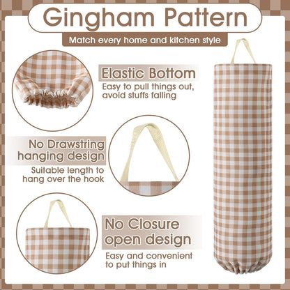 Gingham Plastic Bag Holder, Wall Mount Grocery Bag Storage Organizer, Hanging Buffalo Check Plaid Trash Bags Dispenser for Farmhouse Home Kitchen Pantry Laundry Room Decor(Milkshake Tan)