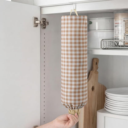 Gingham Plastic Bag Holder, Wall Mount Grocery Bag Storage Organizer, Hanging Buffalo Check Plaid Trash Bags Dispenser for Farmhouse Home Kitchen Pantry Laundry Room Decor(Milkshake Tan)