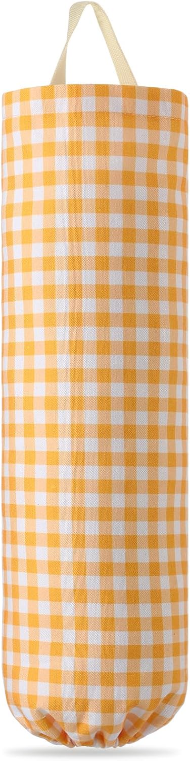 Gingham Plastic Bag Holder, Wall Mount Grocery Bag Storage Organizer, Hanging Buffalo Check Plaid Trash Bags Dispenser for Farmhouse Home Kitchen Pantry Laundry Room Decor(Milkshake Tan)
