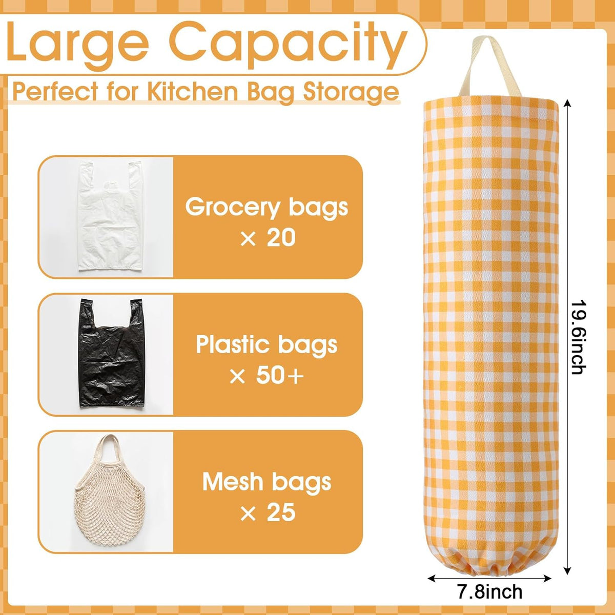 Gingham Plastic Bag Holder, Wall Mount Grocery Bag Storage Organizer, Hanging Buffalo Check Plaid Trash Bags Dispenser for Farmhouse Home Kitchen Pantry Laundry Room Decor(Milkshake Tan)