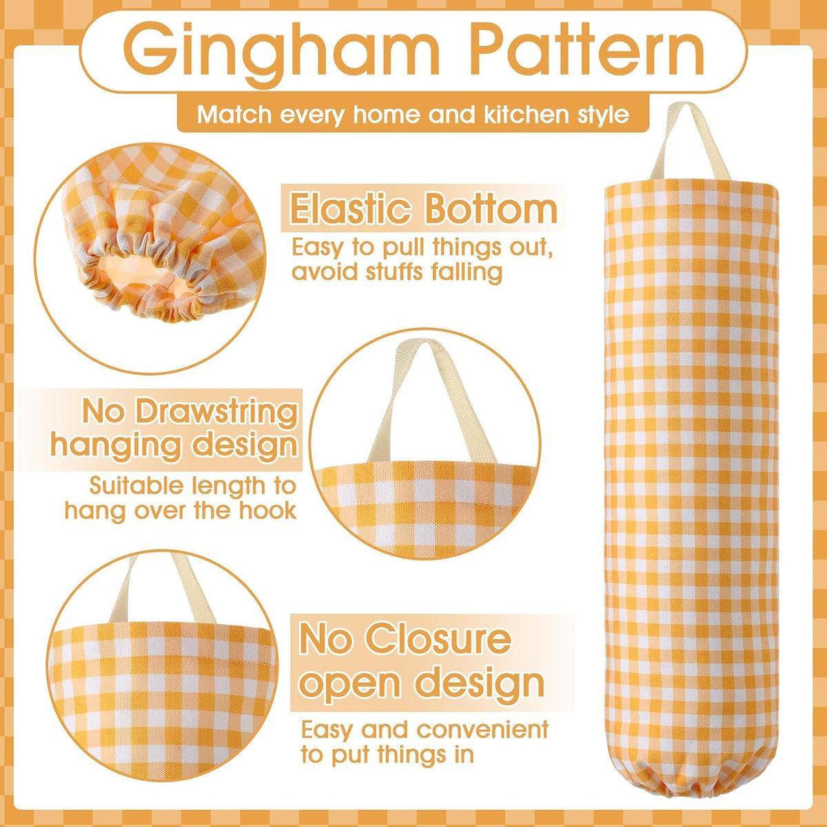 Gingham Plastic Bag Holder, Wall Mount Grocery Bag Storage Organizer, Hanging Buffalo Check Plaid Trash Bags Dispenser for Farmhouse Home Kitchen Pantry Laundry Room Decor(Milkshake Tan)