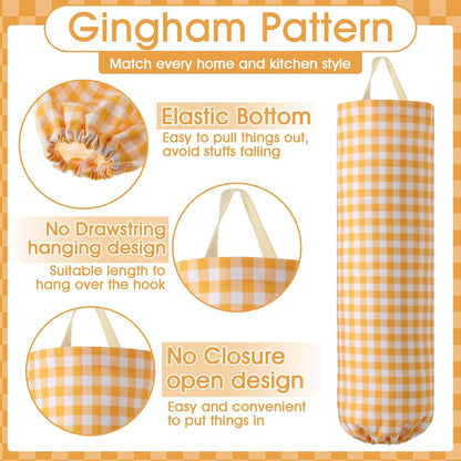 Gingham Plastic Bag Holder, Wall Mount Grocery Bag Storage Organizer, Hanging Buffalo Check Plaid Trash Bags Dispenser for Farmhouse Home Kitchen Pantry Laundry Room Decor(Milkshake Tan)