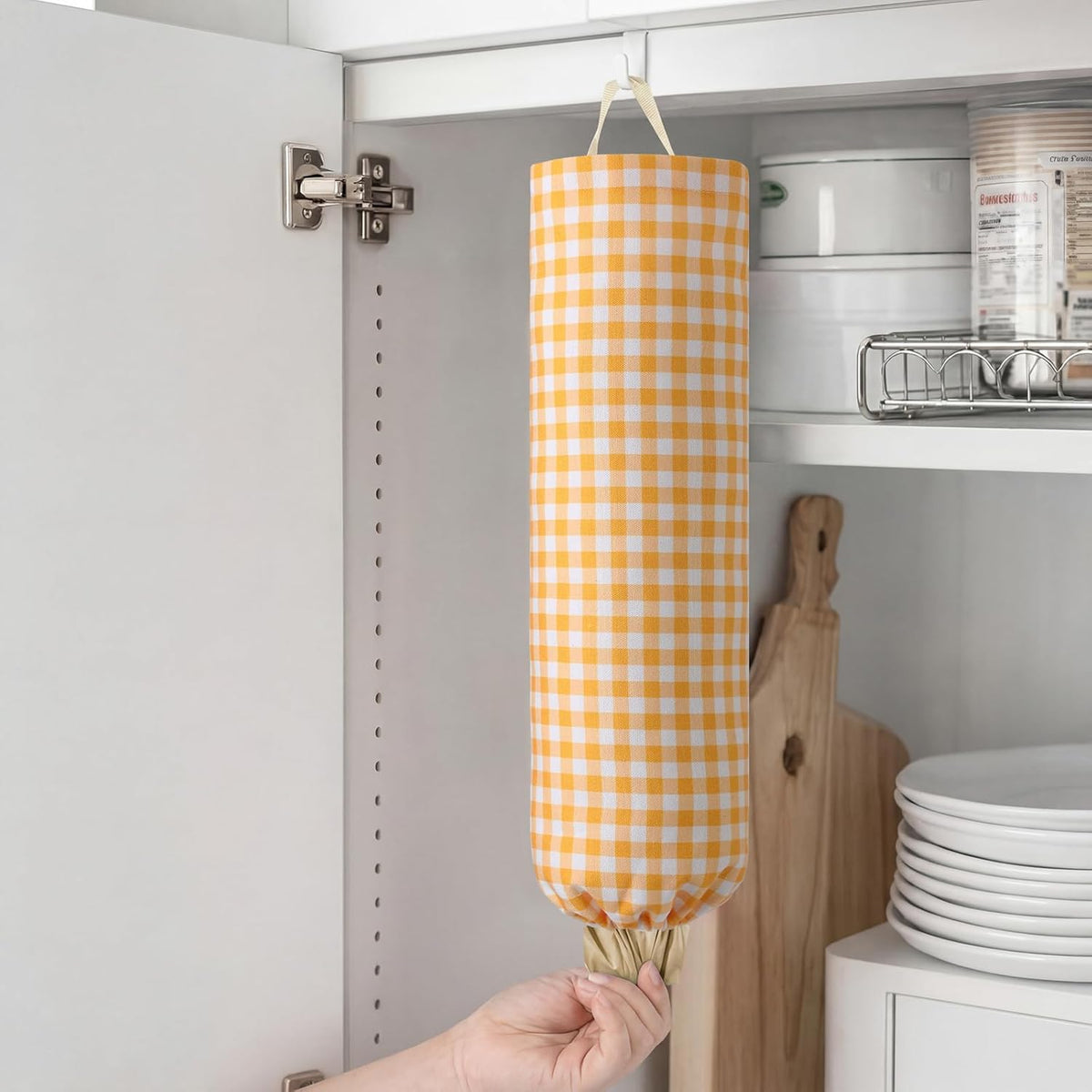 Gingham Plastic Bag Holder, Wall Mount Grocery Bag Storage Organizer, Hanging Buffalo Check Plaid Trash Bags Dispenser for Farmhouse Home Kitchen Pantry Laundry Room Decor(Milkshake Tan)