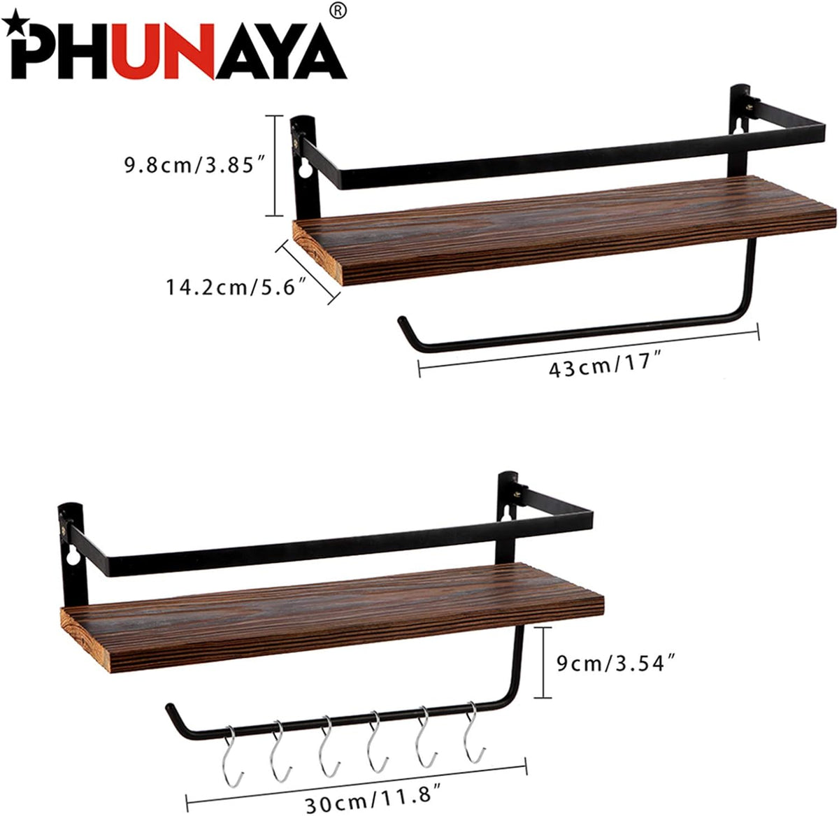 Floating Shelves,Wall Mounted Shelf for Kitchen,Living Room,Bedroom,Bathroom Storage,Rustic Wood,Set of 2(Carbonized Black)