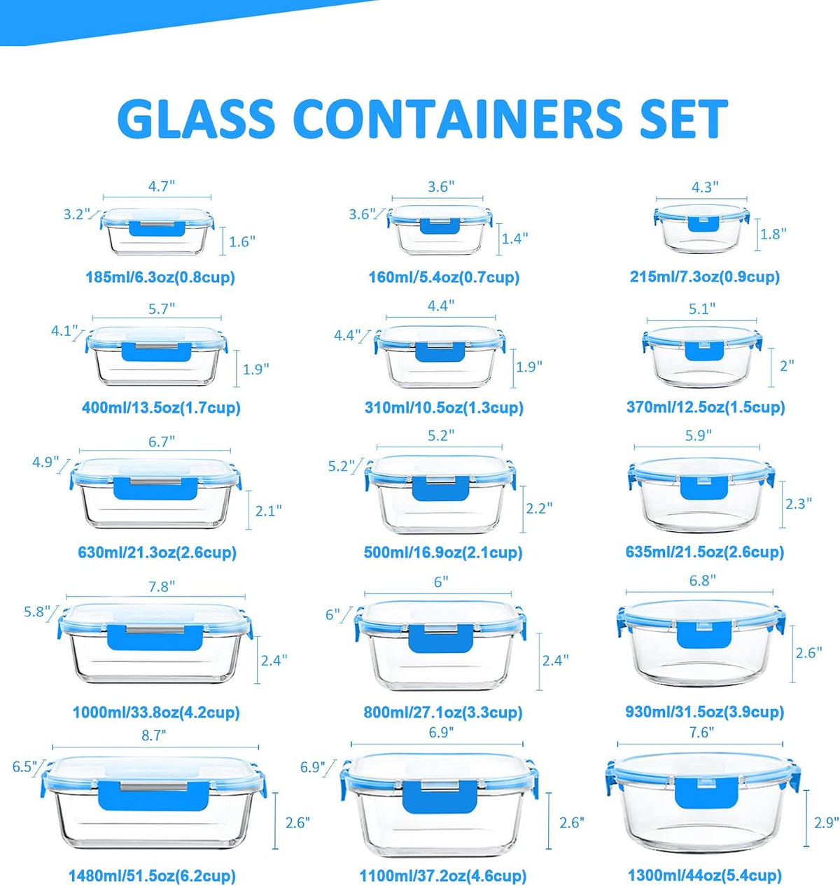 KOMUEE 24 Pieces Glass Food Storage Containers Set, Gray