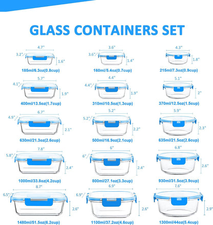 KOMUEE 24 Pieces Glass Food Storage Containers Set, Gray