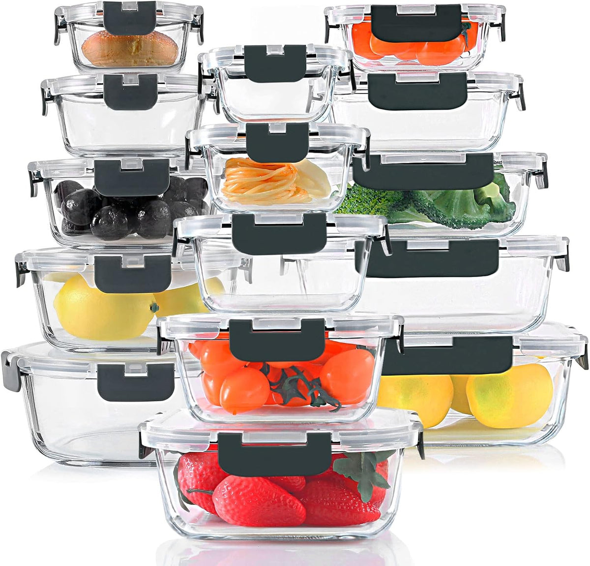 KOMUEE 24 Pieces Glass Food Storage Containers Set, Gray