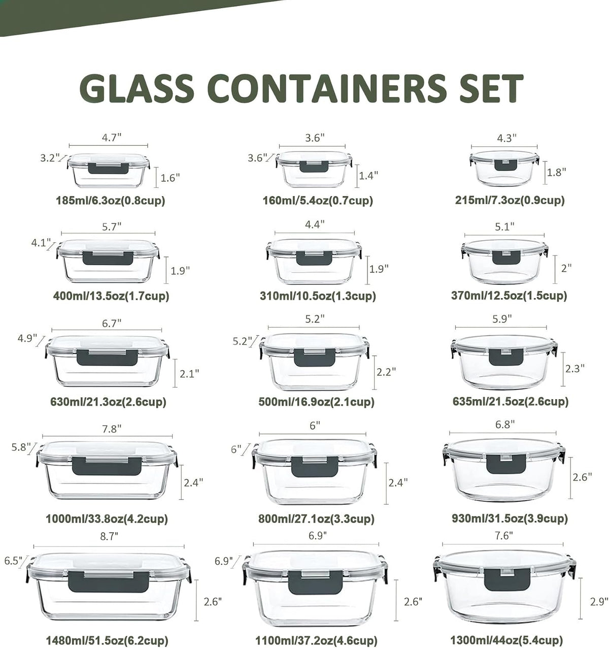 KOMUEE 24 Pieces Glass Food Storage Containers Set, Gray