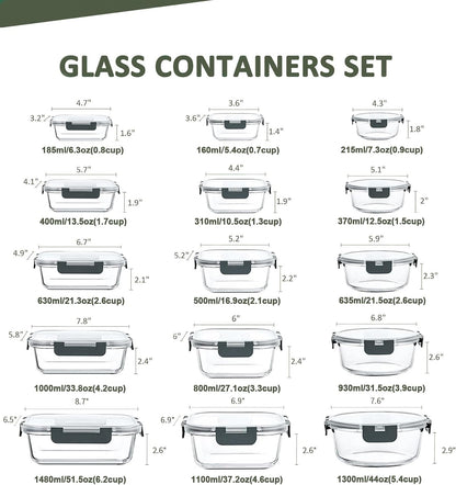 KOMUEE 24 Pieces Glass Food Storage Containers Set, Gray