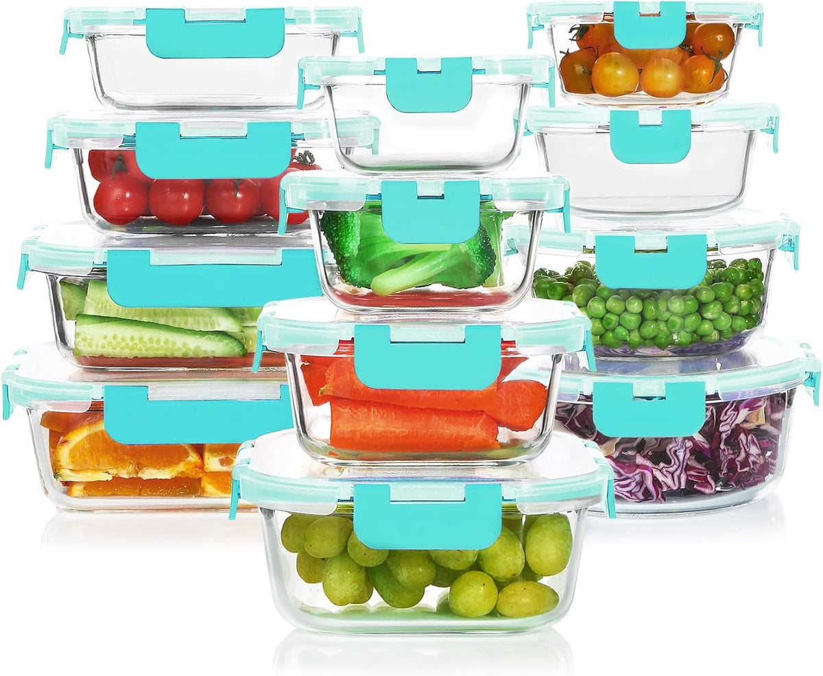 KOMUEE 24 Pieces Glass Food Storage Containers Set, Gray