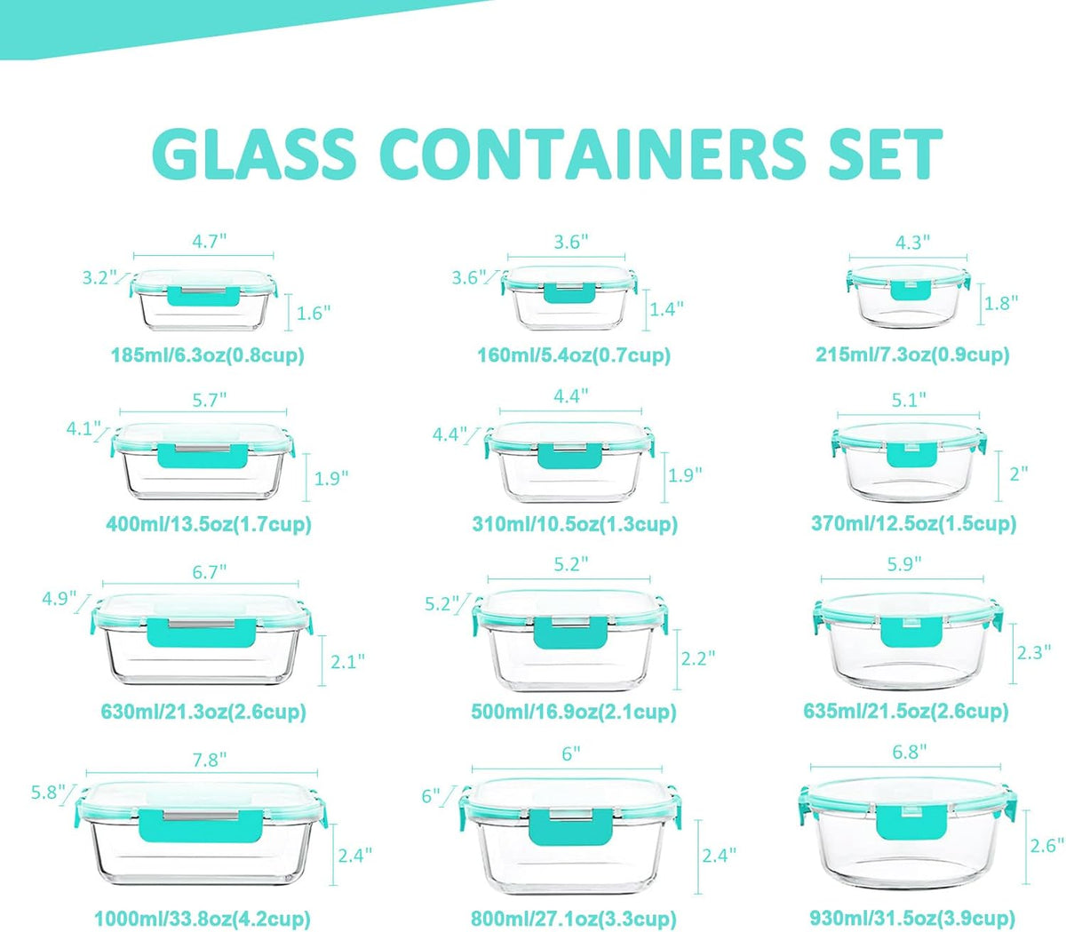 KOMUEE 24 Pieces Glass Food Storage Containers Set, Gray