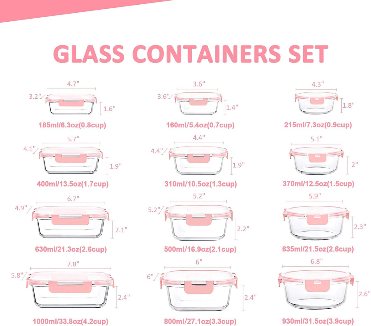 KOMUEE 24 Pieces Glass Food Storage Containers Set, Gray