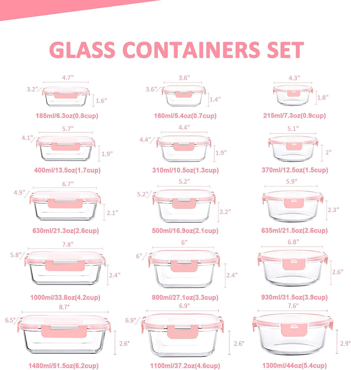 KOMUEE 24 Pieces Glass Food Storage Containers Set, Gray