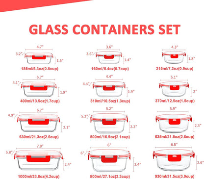 KOMUEE 24 Pieces Glass Food Storage Containers Set, Gray