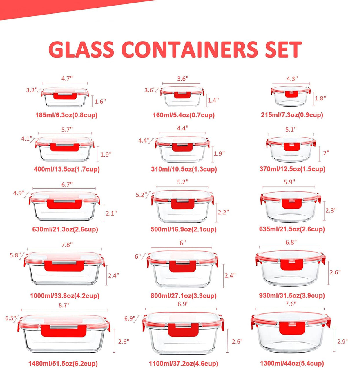 KOMUEE 24 Pieces Glass Food Storage Containers Set, Gray