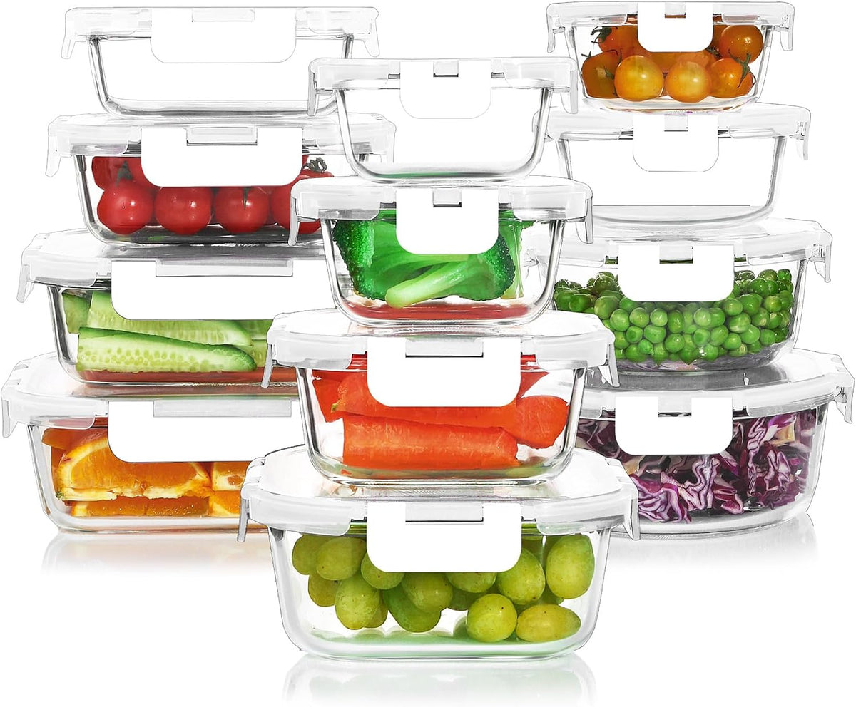 KOMUEE 24 Pieces Glass Food Storage Containers Set, Gray