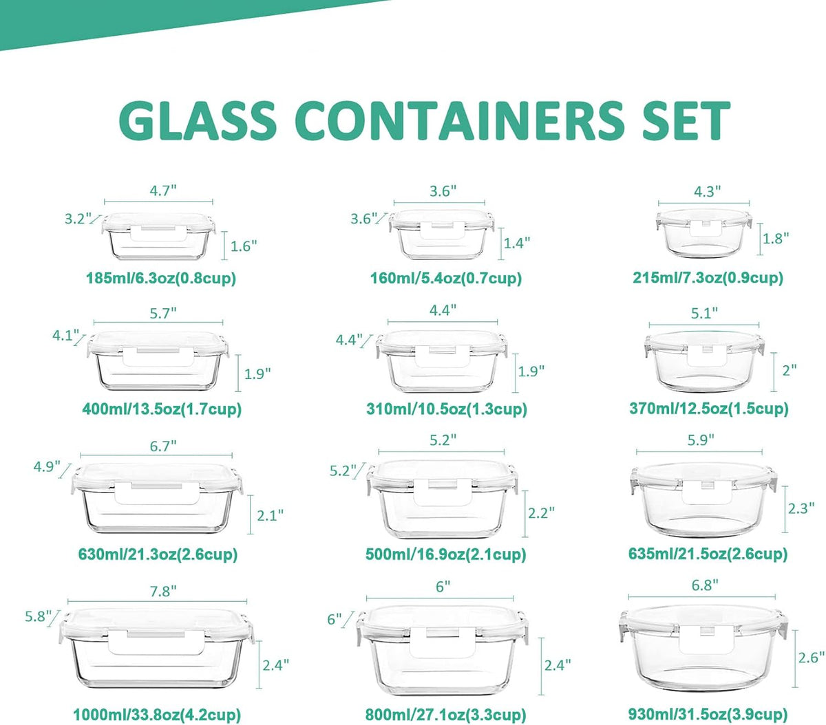KOMUEE 24 Pieces Glass Food Storage Containers Set, Gray