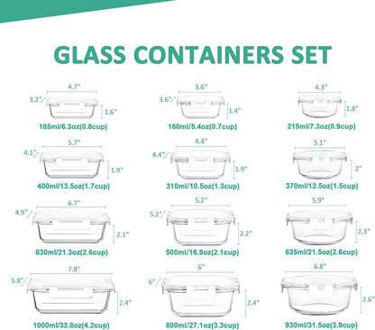 KOMUEE 24 Pieces Glass Food Storage Containers Set, Gray