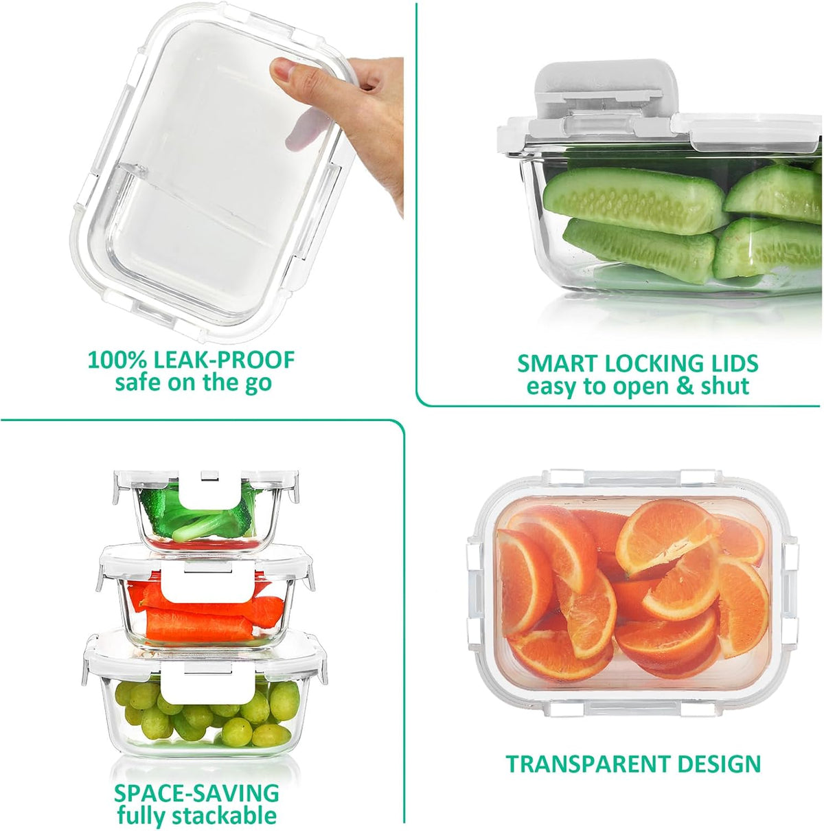 KOMUEE 24 Pieces Glass Food Storage Containers Set, Gray