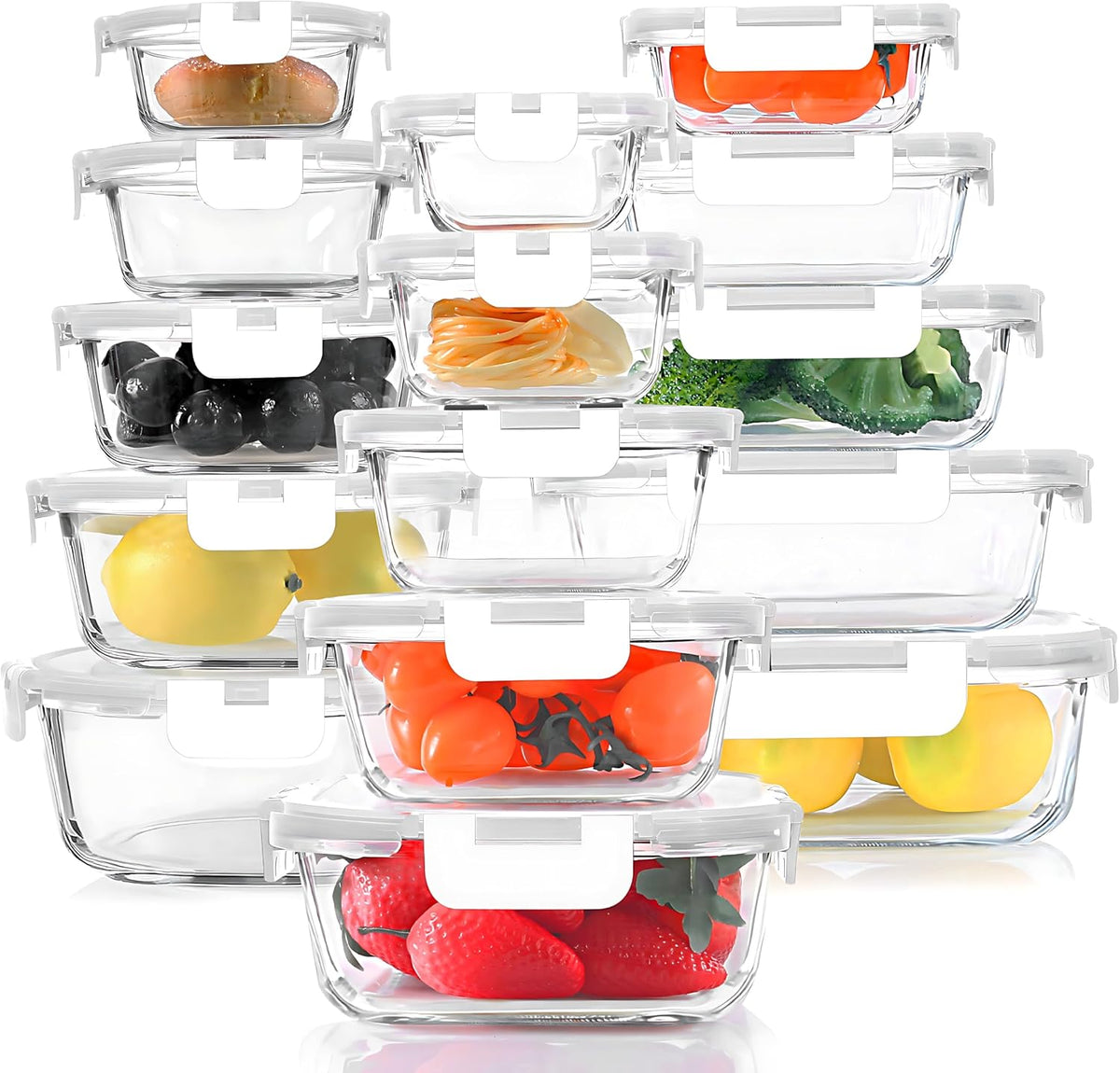 KOMUEE 24 Pieces Glass Food Storage Containers Set, Gray