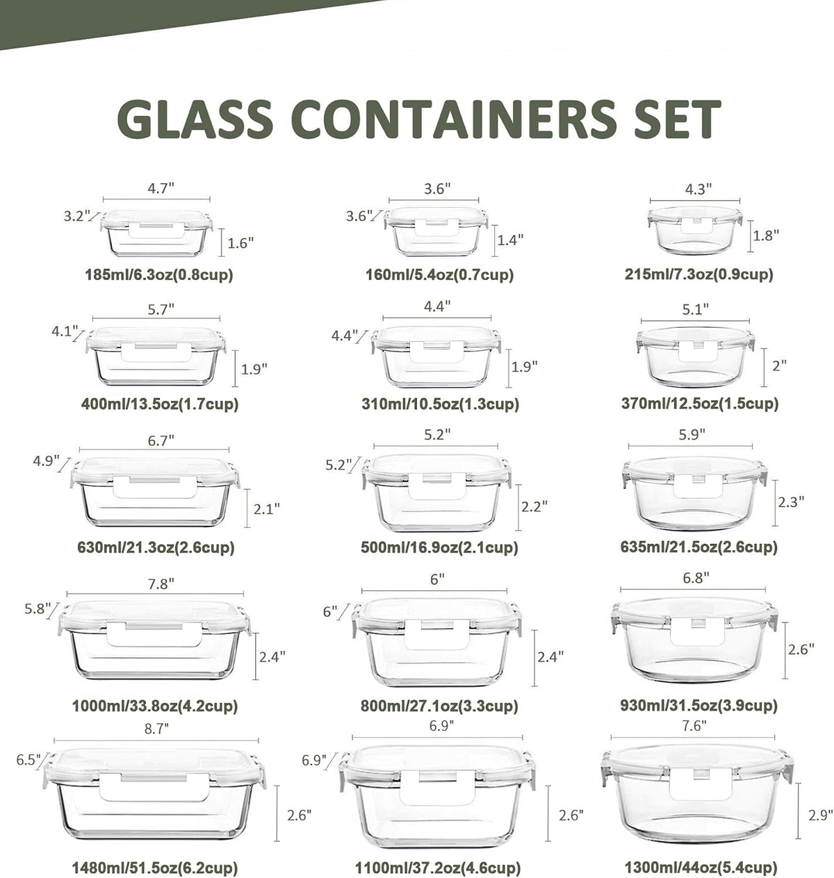 KOMUEE 24 Pieces Glass Food Storage Containers Set, Gray