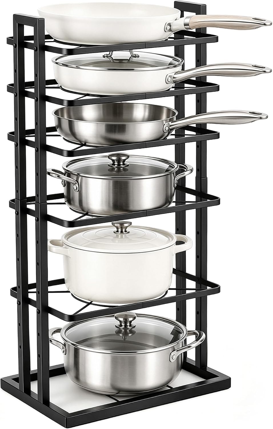 Pots and Pans Organizer Under Cabinet, Adjustable 6-Tier Pot Rack | Expandable Height 14.8 "to 26.2", Kitchen Vertical Pan Lid Tray Storage Holder, Stores 12" Cookware, Space-Saving Design