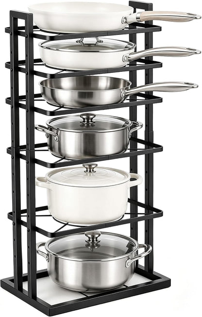 Pots and Pans Organizer Under Cabinet, Adjustable 6-Tier Pot Rack | Expandable Height 14.8 "to 26.2", Kitchen Vertical Pan Lid Tray Storage Holder, Stores 12" Cookware, Space-Saving Design