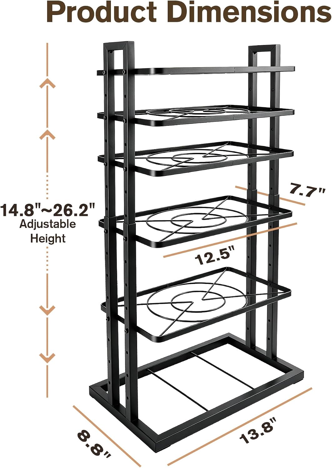 Pots and Pans Organizer Under Cabinet, Adjustable 6-Tier Pot Rack | Expandable Height 14.8 "to 26.2", Kitchen Vertical Pan Lid Tray Storage Holder, Stores 12" Cookware, Space-Saving Design