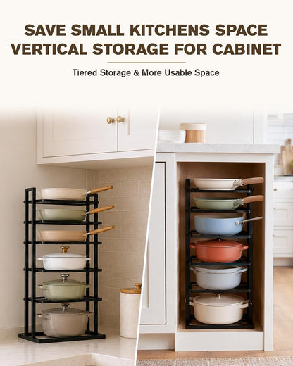 Pots and Pans Organizer Under Cabinet, Adjustable 6-Tier Pot Rack | Expandable Height 14.8 "to 26.2", Kitchen Vertical Pan Lid Tray Storage Holder, Stores 12" Cookware, Space-Saving Design