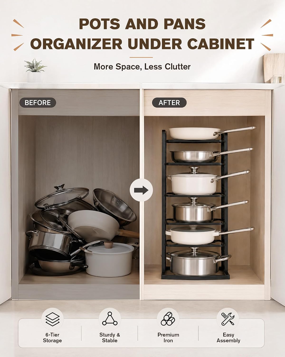 Pots and Pans Organizer Under Cabinet, Adjustable 6-Tier Pot Rack | Expandable Height 14.8 "to 26.2", Kitchen Vertical Pan Lid Tray Storage Holder, Stores 12" Cookware, Space-Saving Design
