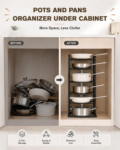 Pots and Pans Organizer Under Cabinet, Adjustable 6-Tier Pot Rack | Expandable Height 14.8 "to 26.2", Kitchen Vertical Pan Lid Tray Storage Holder, Stores 12" Cookware, Space-Saving Design