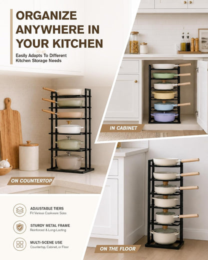 Pots and Pans Organizer Under Cabinet, Adjustable 6-Tier Pot Rack | Expandable Height 14.8 "to 26.2", Kitchen Vertical Pan Lid Tray Storage Holder, Stores 12" Cookware, Space-Saving Design