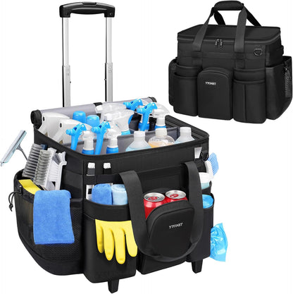 Cleaning Caddy with Wheels, Extra Large Rolling Cleaning Caddy Bag with Detachable Trolley for Housekeepers, Water Resistant Cleaner Supplies Organizer with Wheels for Kitchen, Tool Organizer