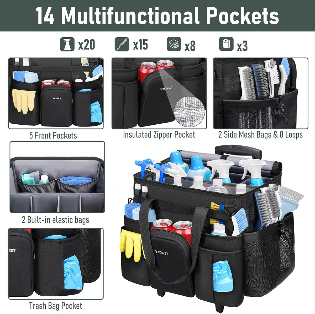 Cleaning Caddy with Wheels, Extra Large Rolling Cleaning Caddy Bag with Detachable Trolley for Housekeepers, Water Resistant Cleaner Supplies Organizer with Wheels for Kitchen, Tool Organizer